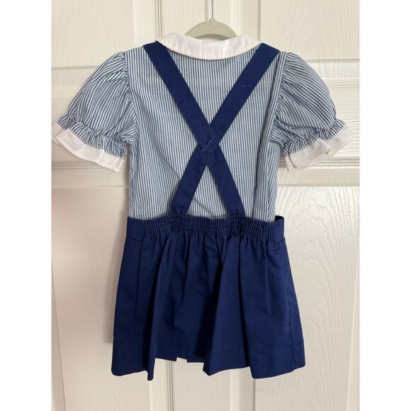 VTG Goodlad Girls Peter Pan Collar Striped Top Navy Pleated Suspender Skirt Sz 4 - Picture 3 of 11